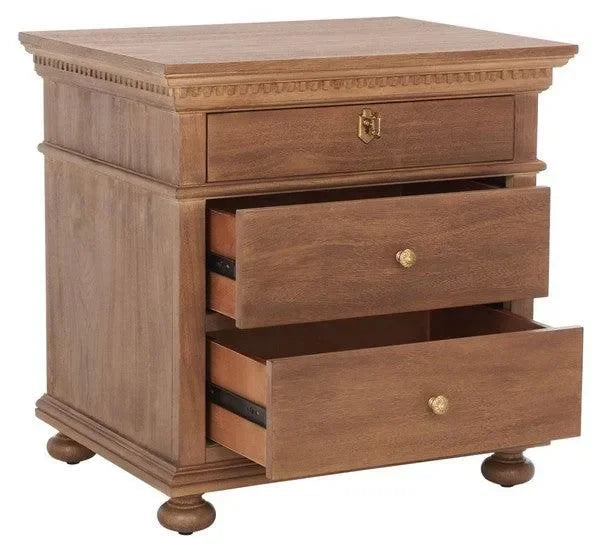 Safavieh Allisyn 3 Drawer Nightstand in Brown with Antiqued Brass Knobs