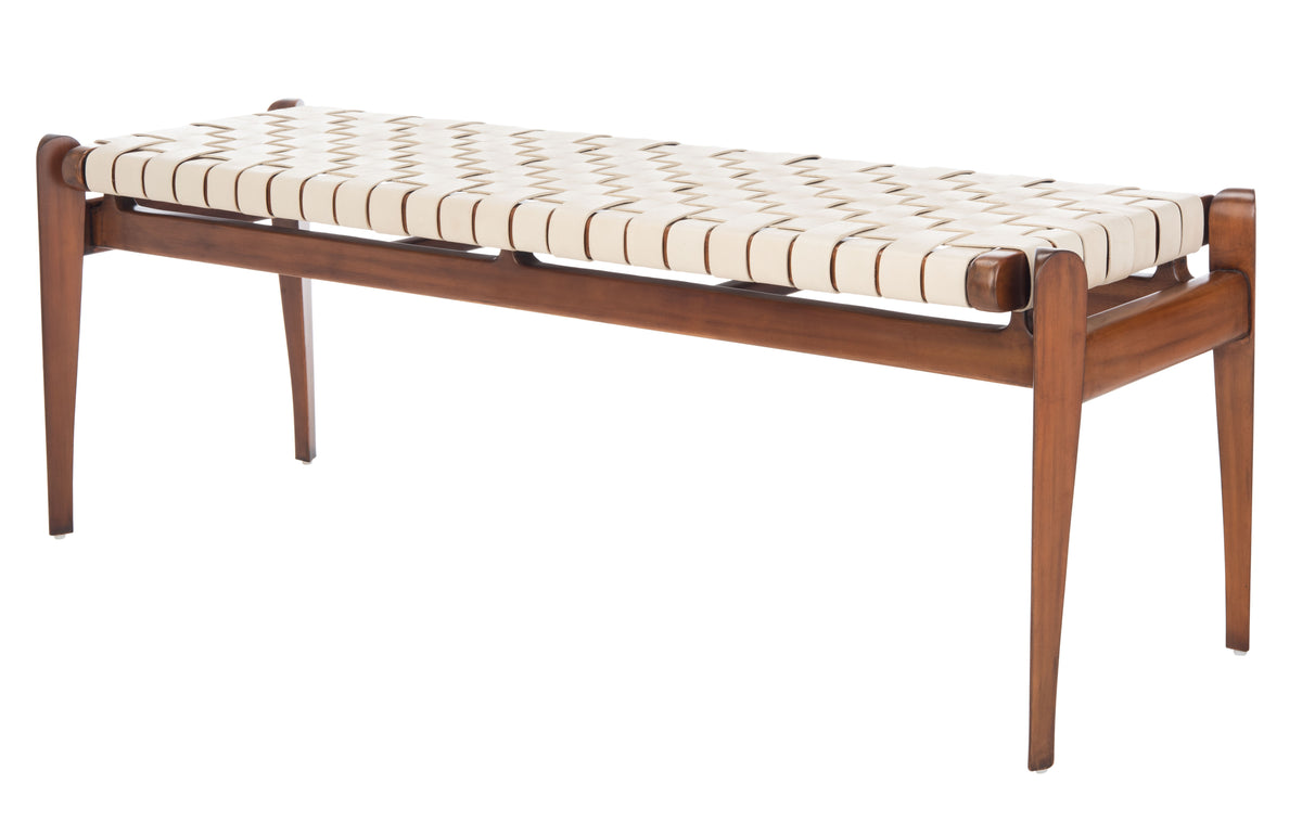 Dilan Leather Bench in White and Light Brown