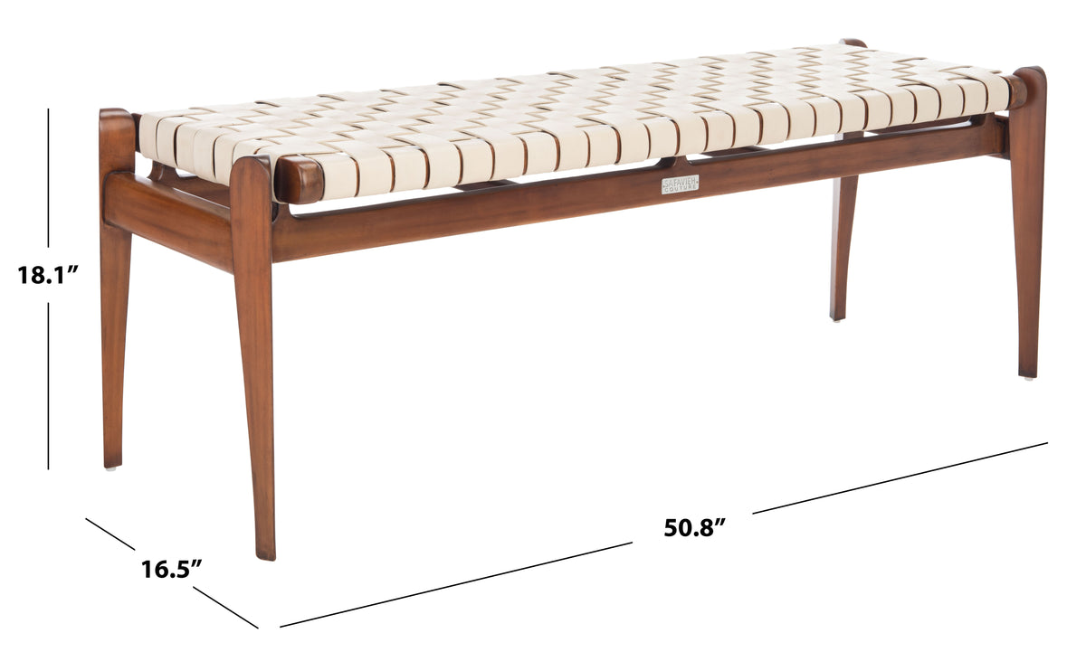 Dilan Leather Bench in White and Light Brown