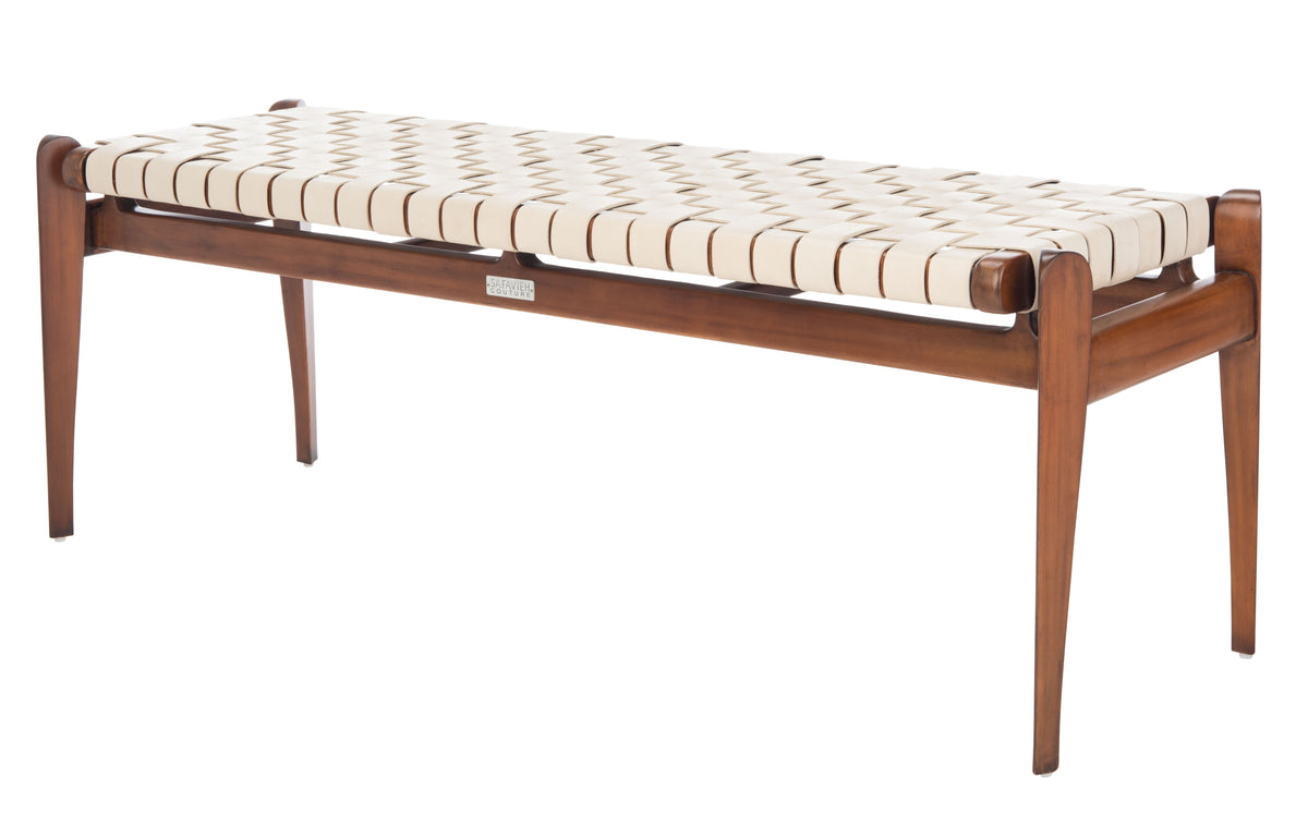 Dilan Leather Bench in White and Light Brown