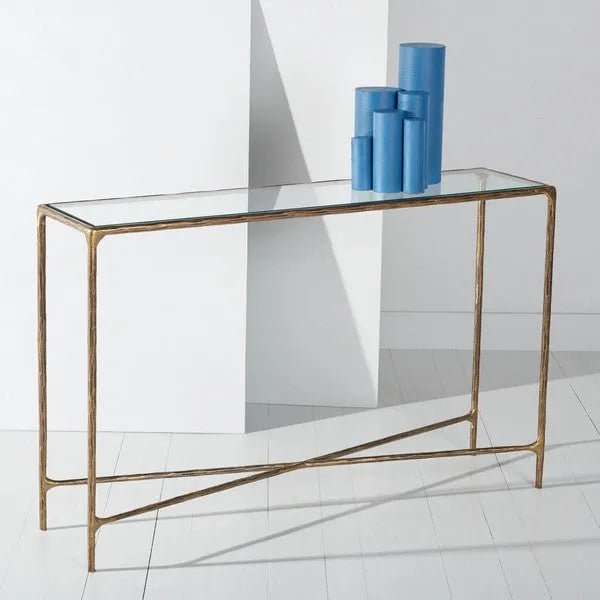 Jessa Glass Rectangle Console Table in Brass