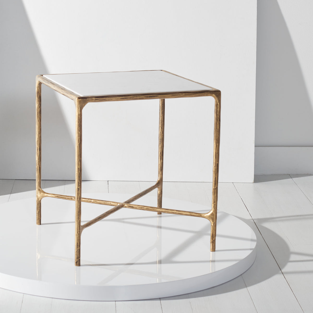 Jessa Forged Metal Square End Table in Brass and White