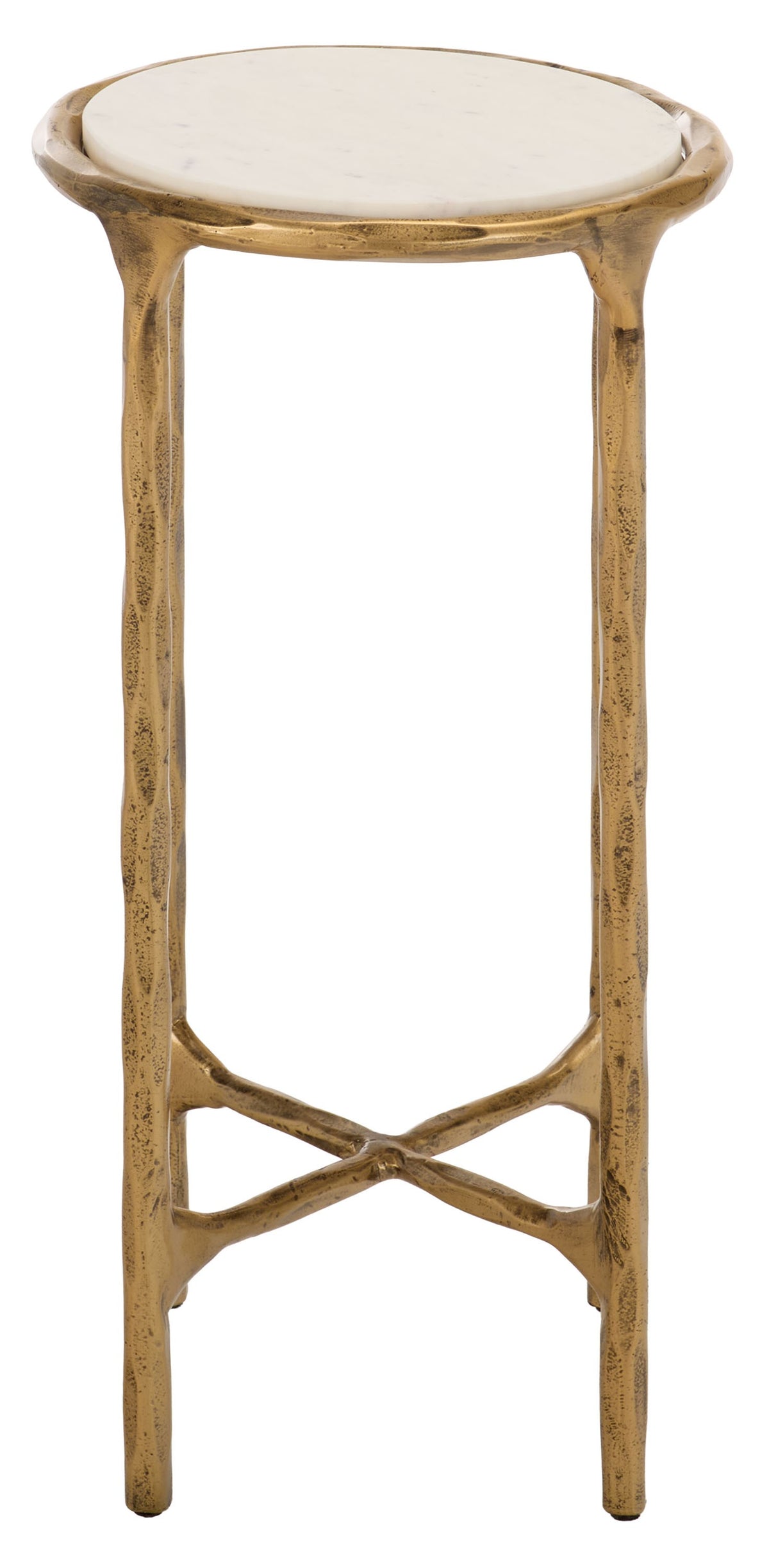 Jessa Forged Metal Tall Round End Table in Brass and White