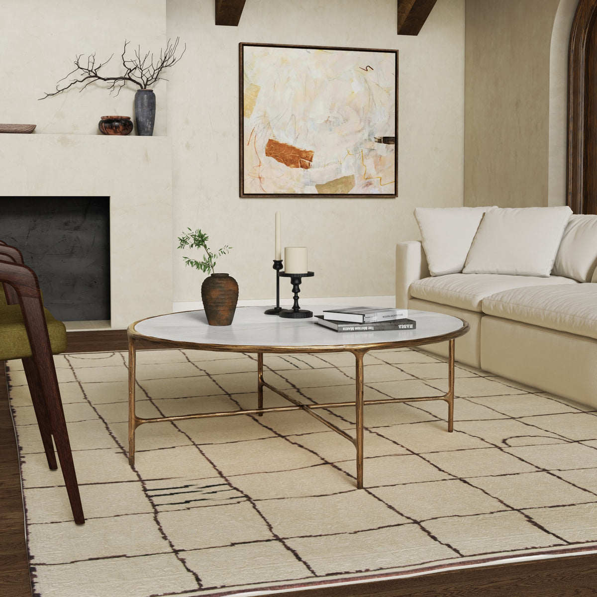 Jessa Oval Metal Coffee Table in Brass and White