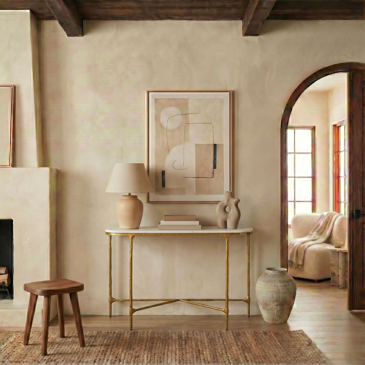 Janowsky Metal And Marble Console Table in Brass and White