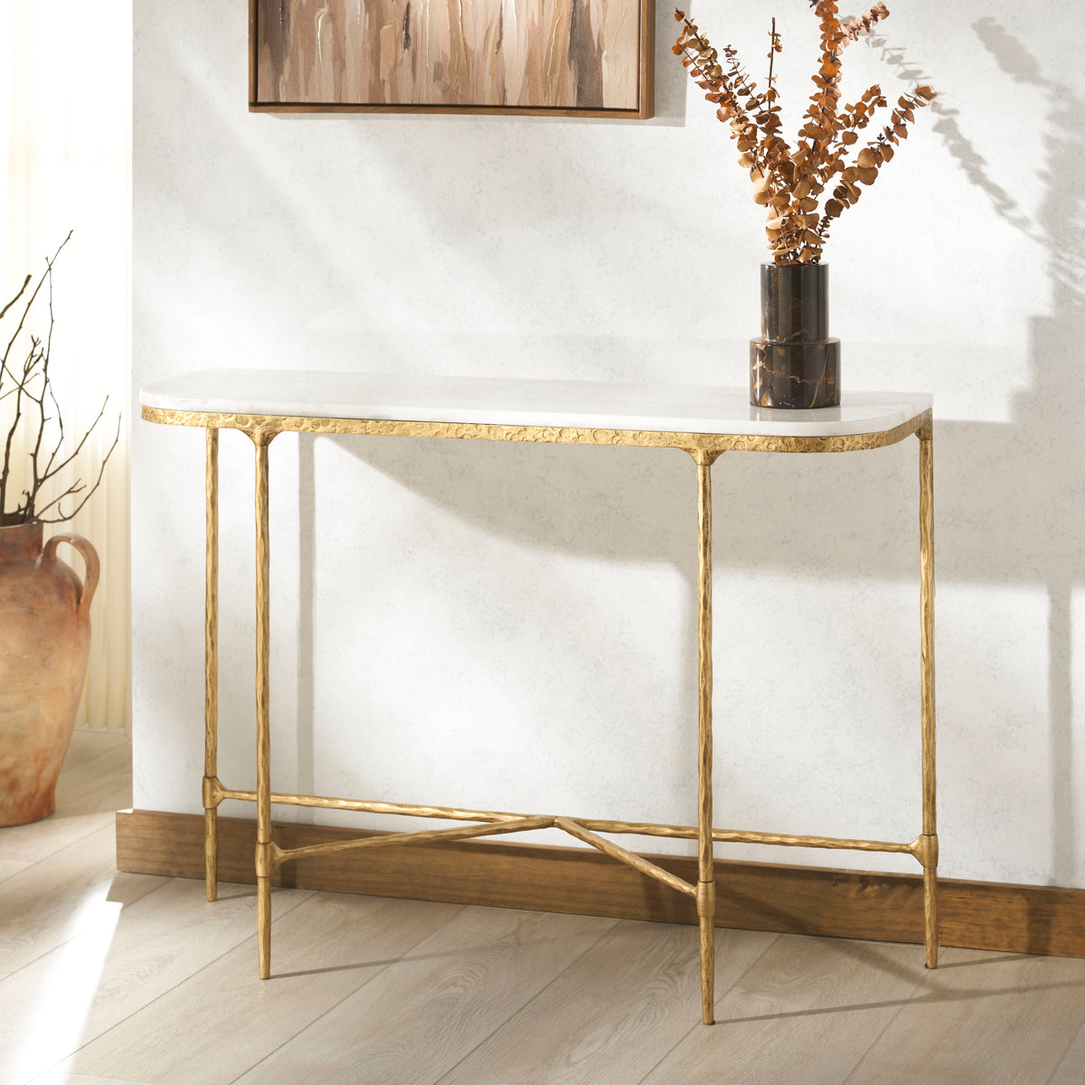 Janowsky Metal And Marble Console Table in Brass and White