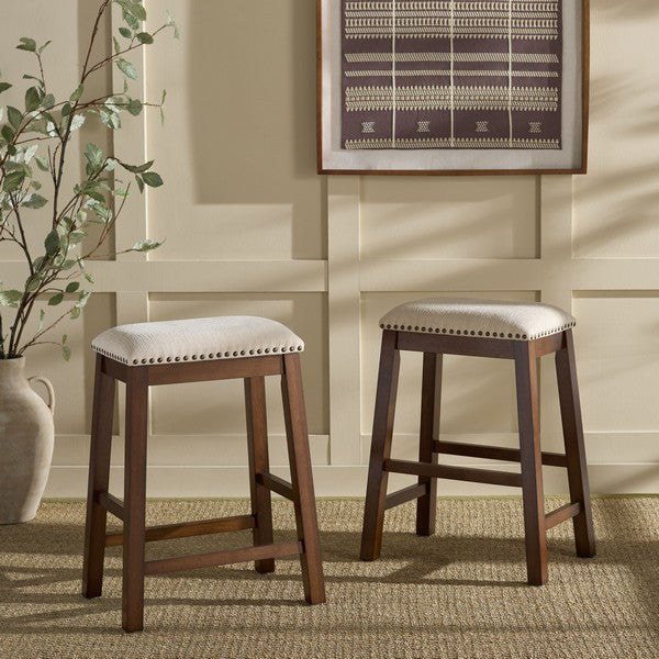Aero Counter Stool in Brown with Beige Upholstery and Nail Head Trim (Set of 2)