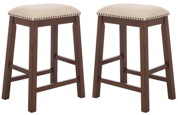 Aero Counter Stool in Brown with Beige Upholstery and Nail Head Trim (Set of 2)