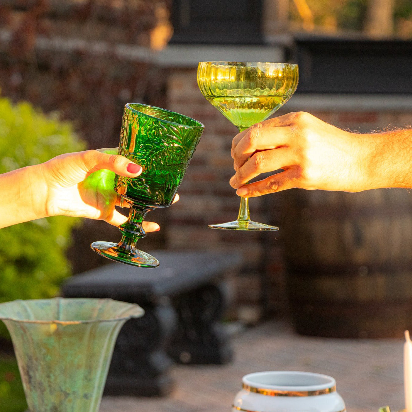 Ribbed Coupe Glass in Green with Texture (Set of 4)