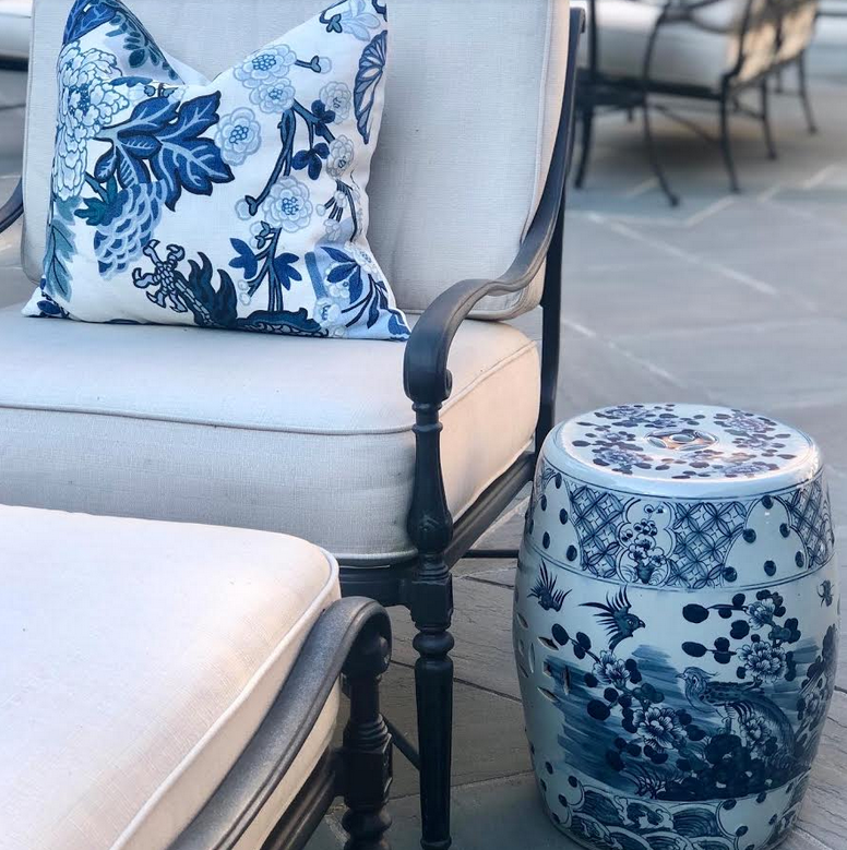 Bird and Floral Garden Seat with Raised Blue Dots