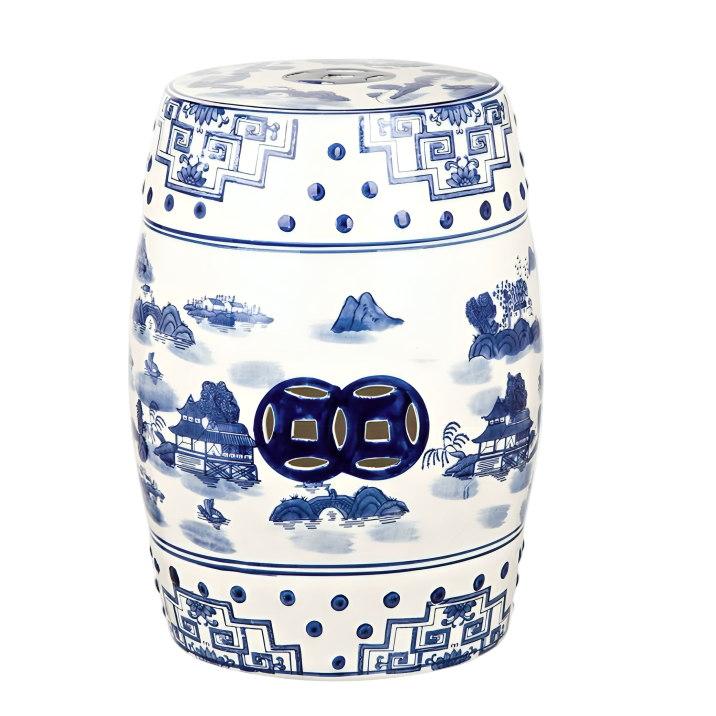 Gateless Mist Chinoiserie Ceramic Garden Stool in Blue