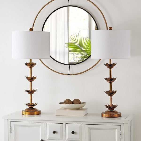Lani Iron Table Lamp in Black and Antique Gold with White Cotton Shade (Set of 2)