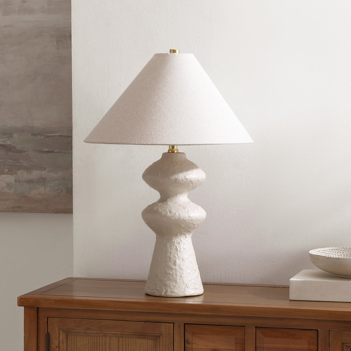 Keira Ceramic Table Lamp in White and Oatmeal — 25.25″
