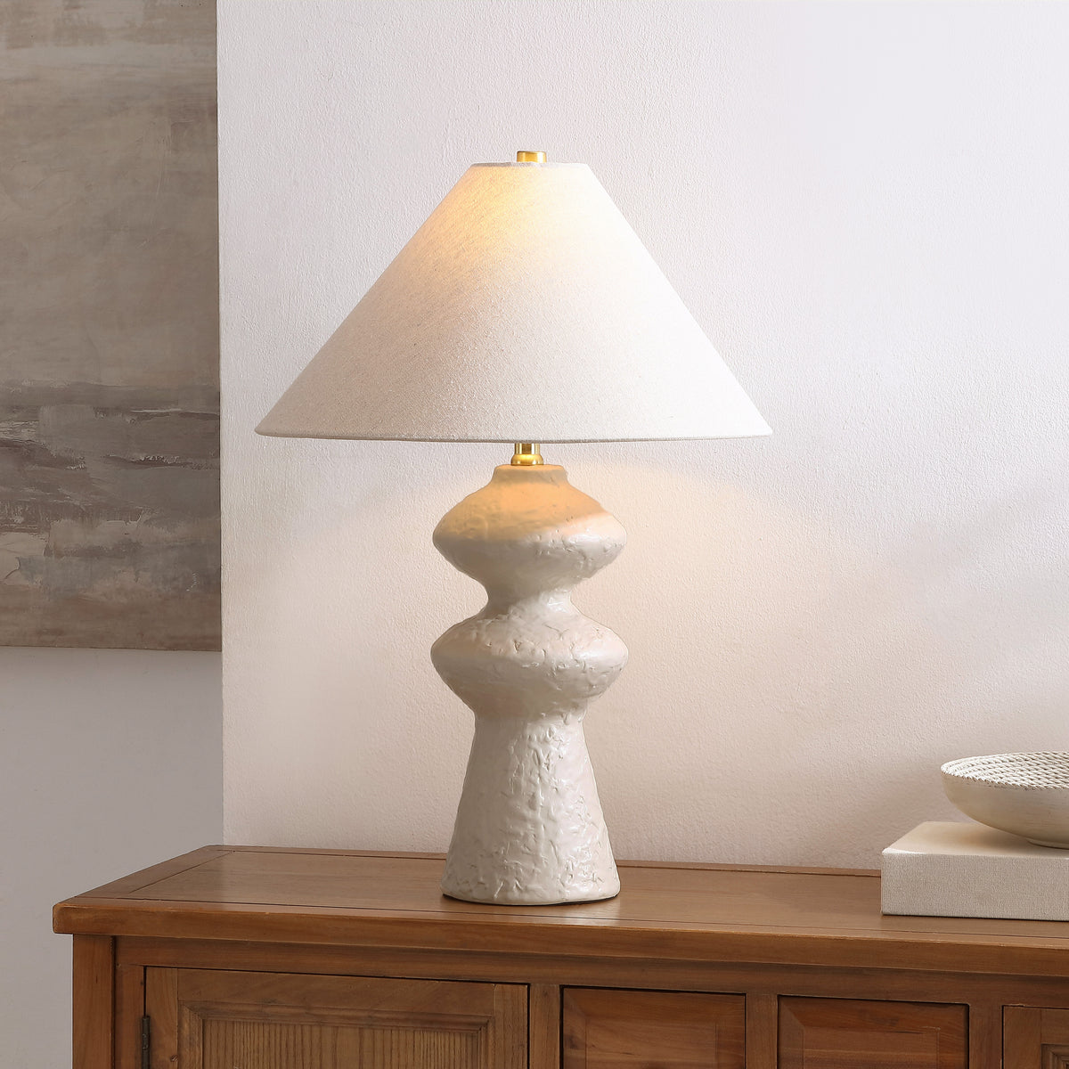 Keira Ceramic Table Lamp in White and Oatmeal — 25.25″
