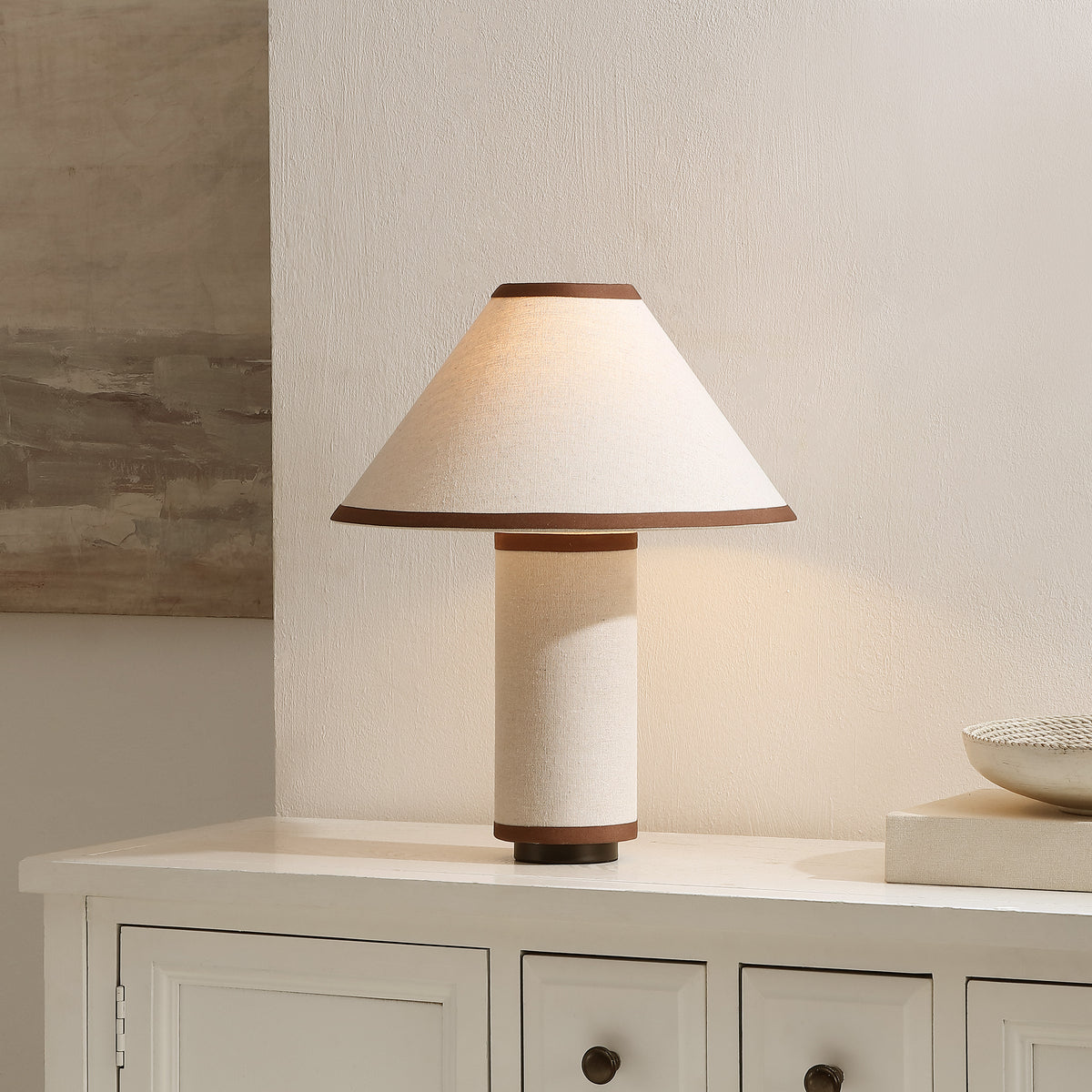 Demie Fabric and Resin Table Lamp in Oatmeal and Brown — 17.25″