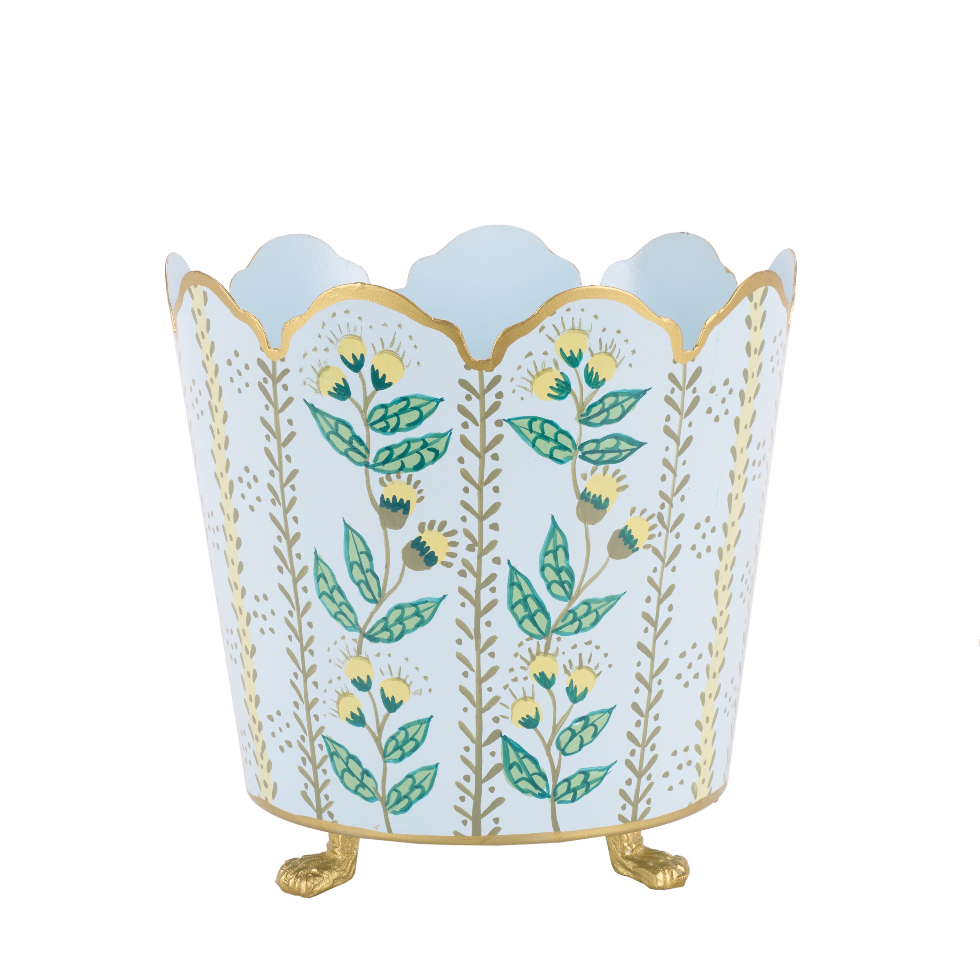 Pale Blue & Gold Floral Bucket Planter (3 Sizes)