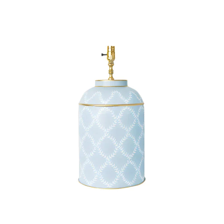 Pale Blue & White Trellis Tea Caddy Lamp - The Mayfair Hall