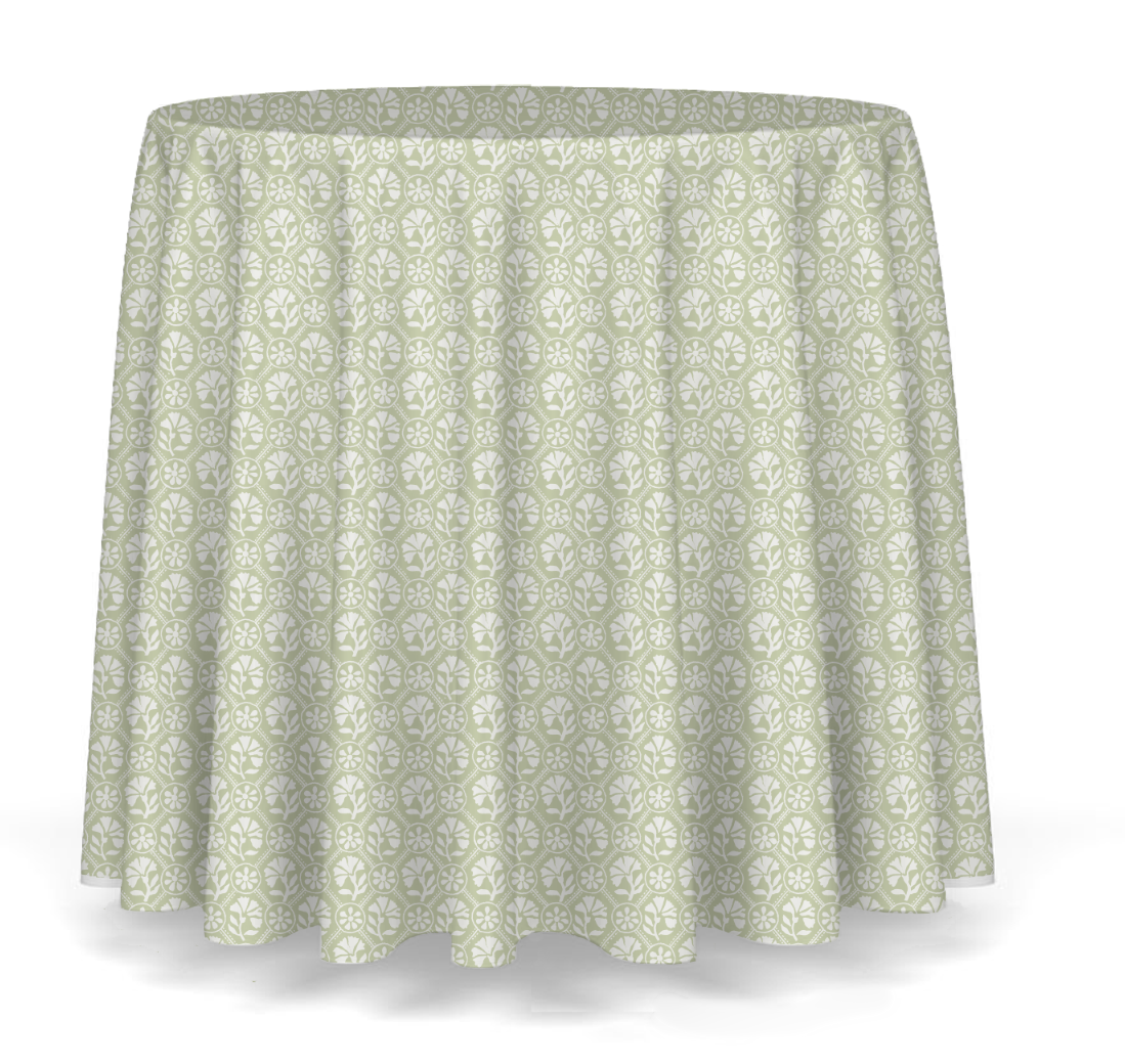 90" round table skirt - Sophie in Celadon Reverse