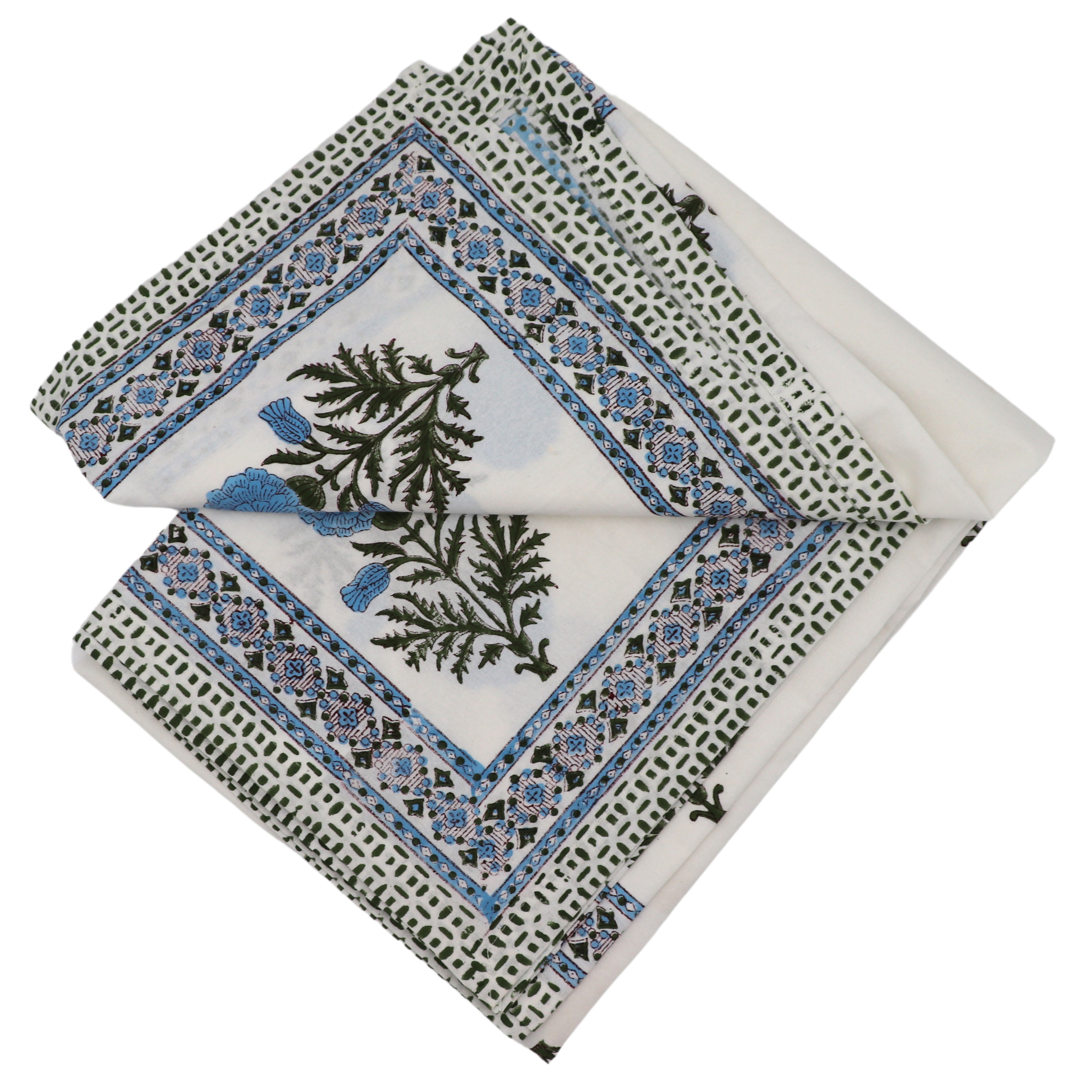 Toile de Blu Hortensia Tablecloth in White Cotton with Blue and Green Hand-Printed Design