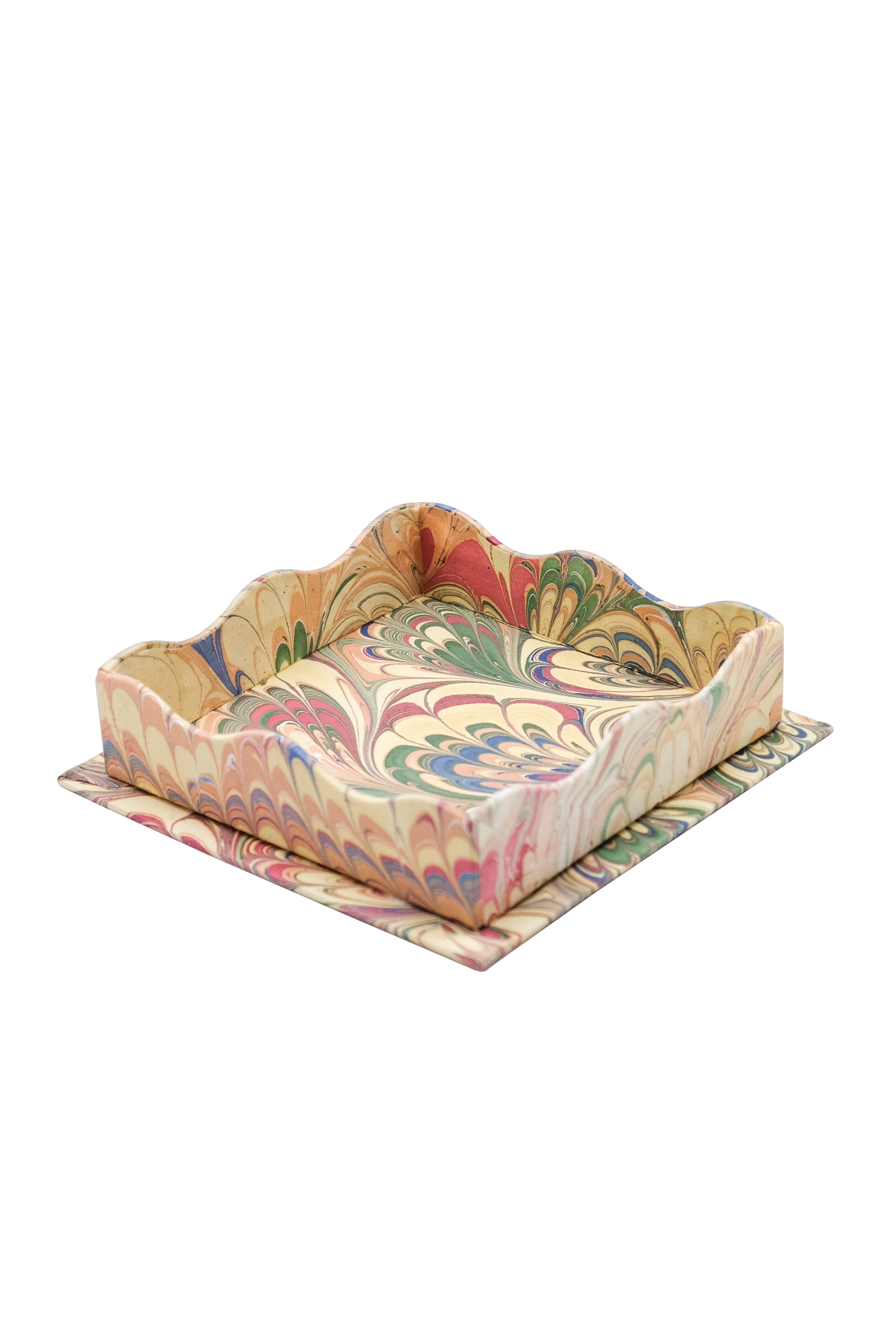 Nesting Scalloped Hand-Marbled Trays in Multicolor