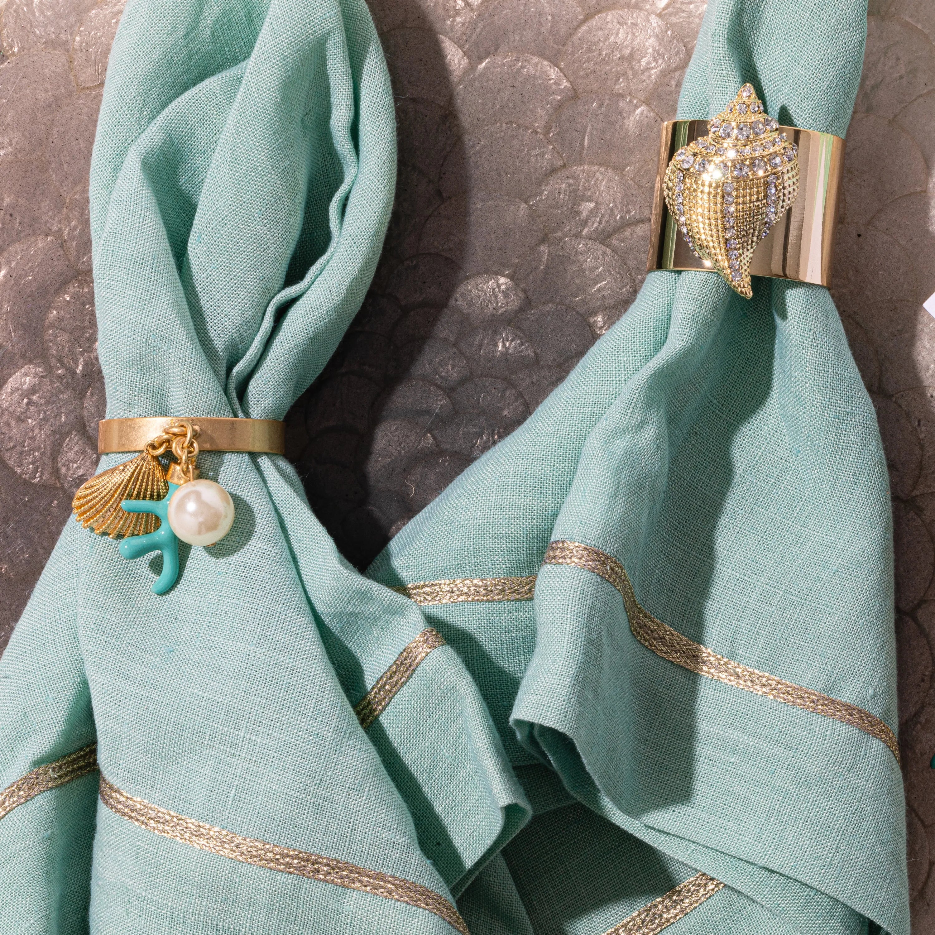 Coral and shell skinny napkin rings, turquoise, set of four - The Mayfair Hall