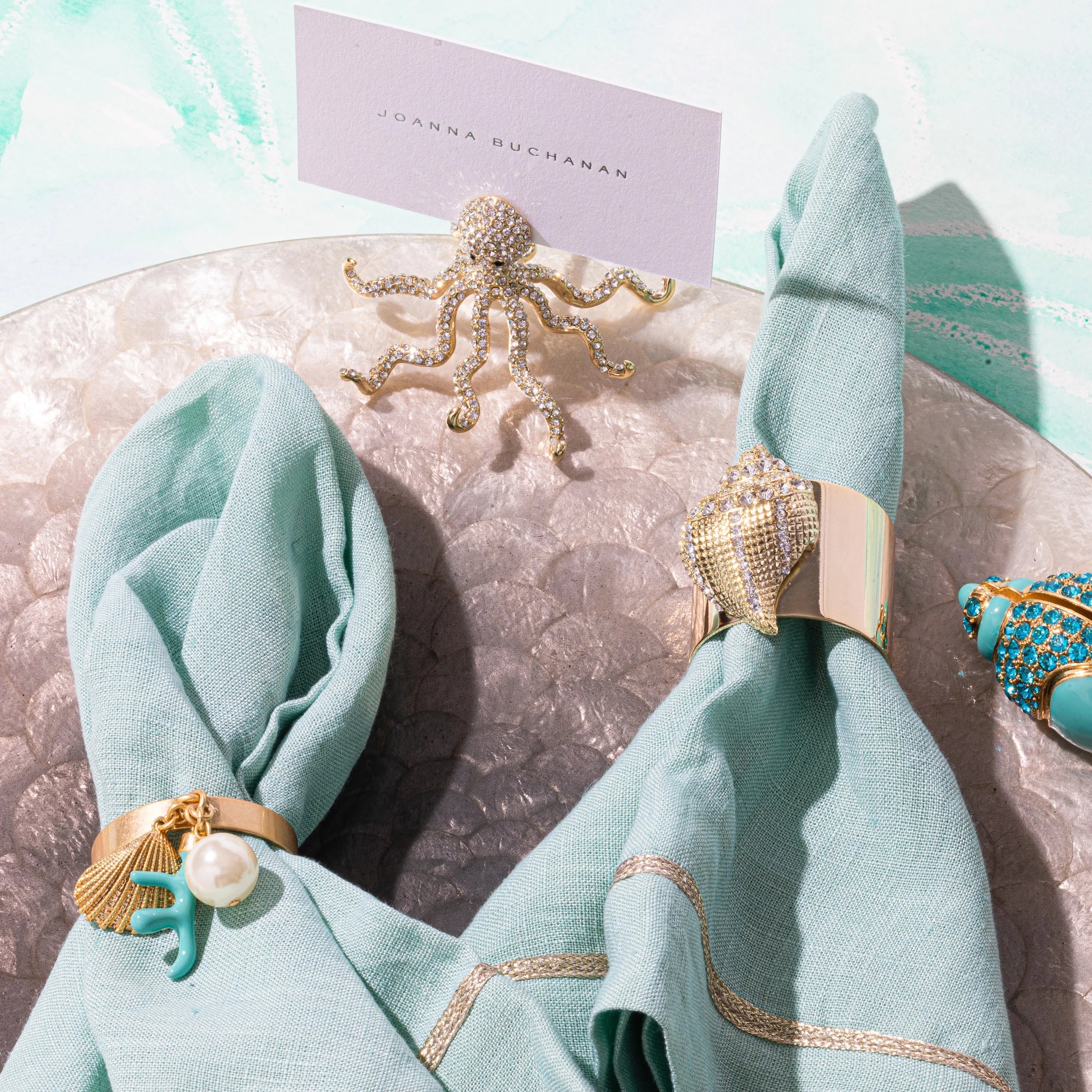 Coral and shell skinny napkin rings, turquoise, set of four - The Mayfair Hall