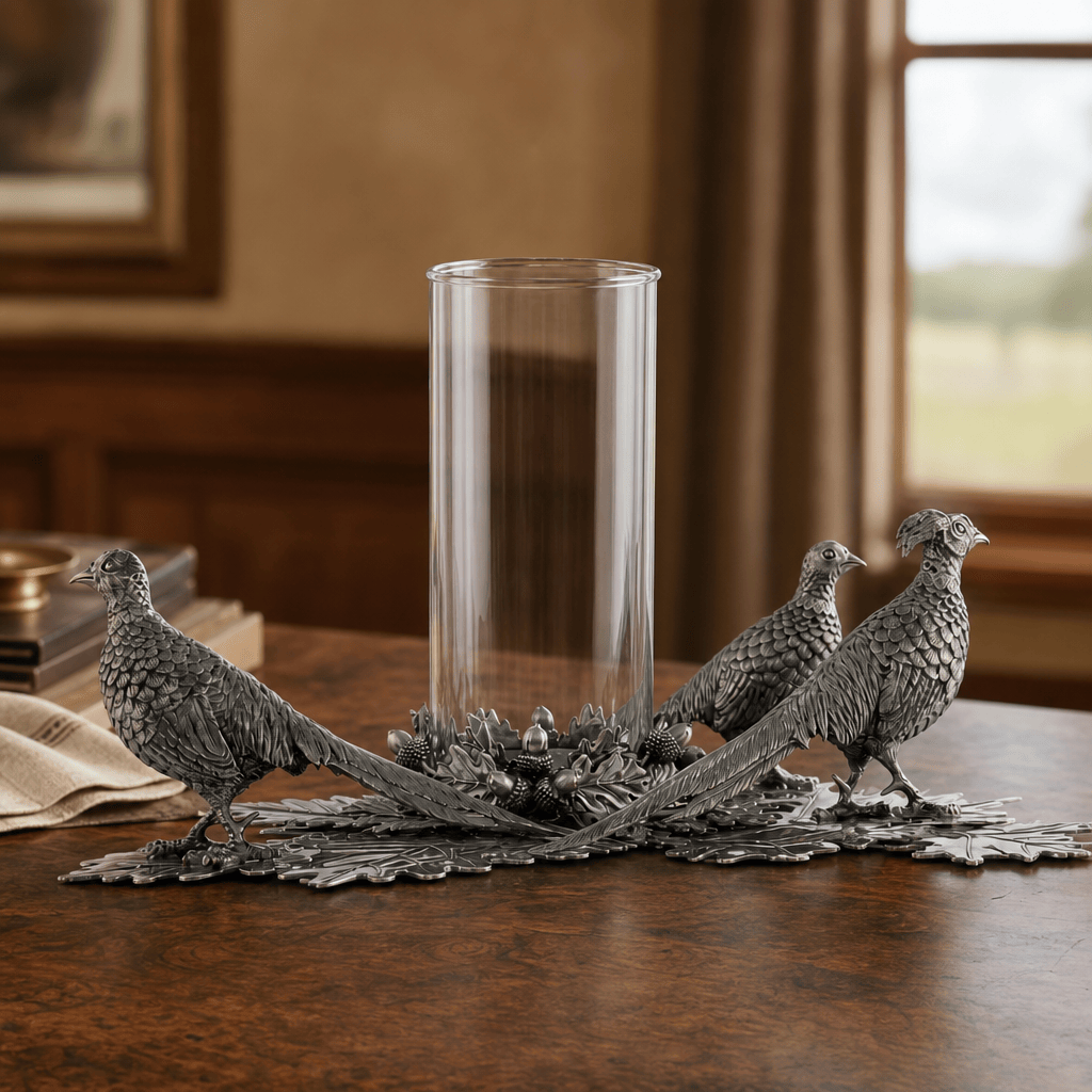 Pewter Pheasants Pillar Hurricane Centerpiece
