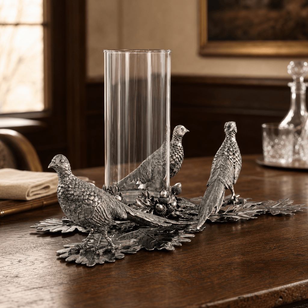 Pewter Pheasants Pillar Hurricane Centerpiece