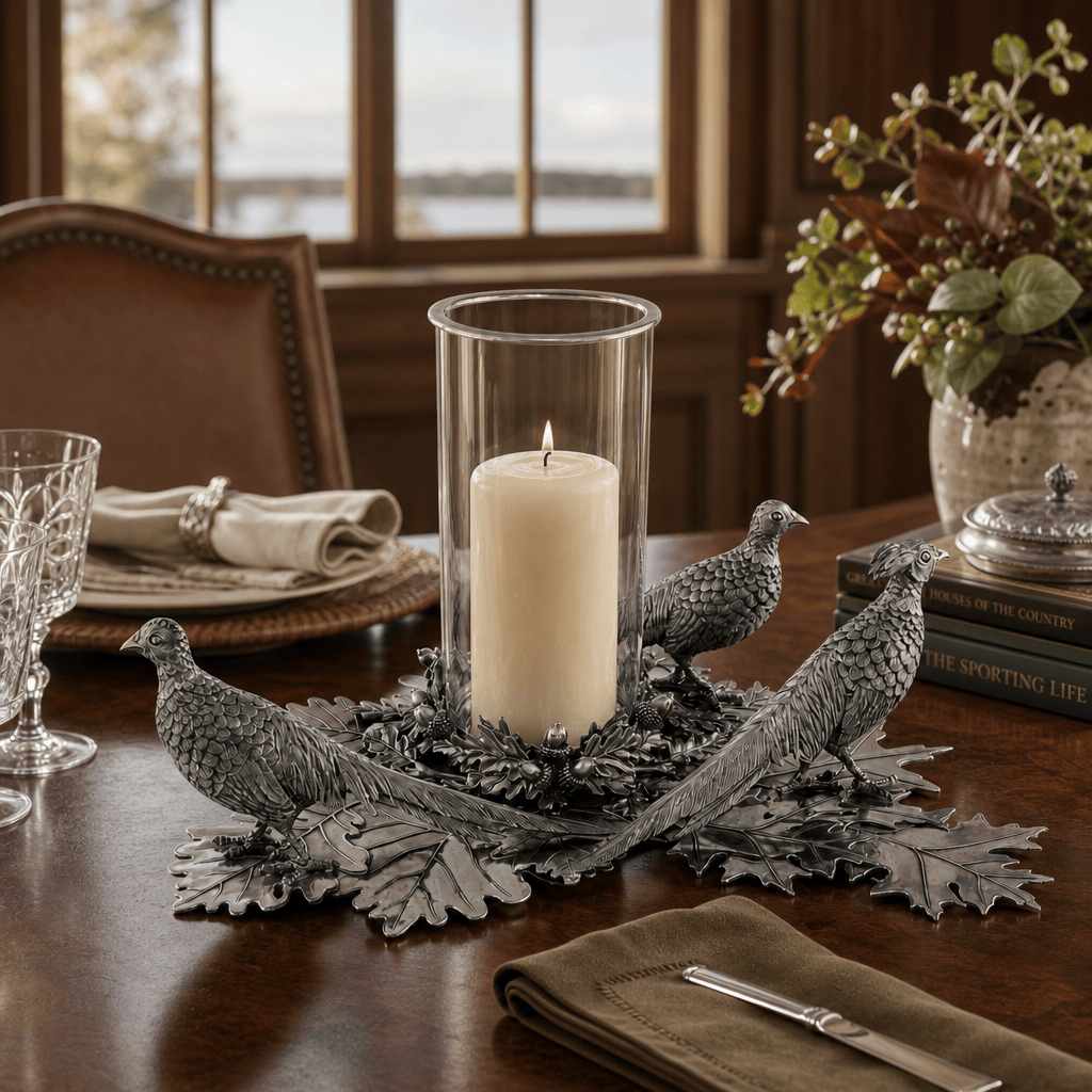 Pewter Pheasants Pillar Hurricane Centerpiece