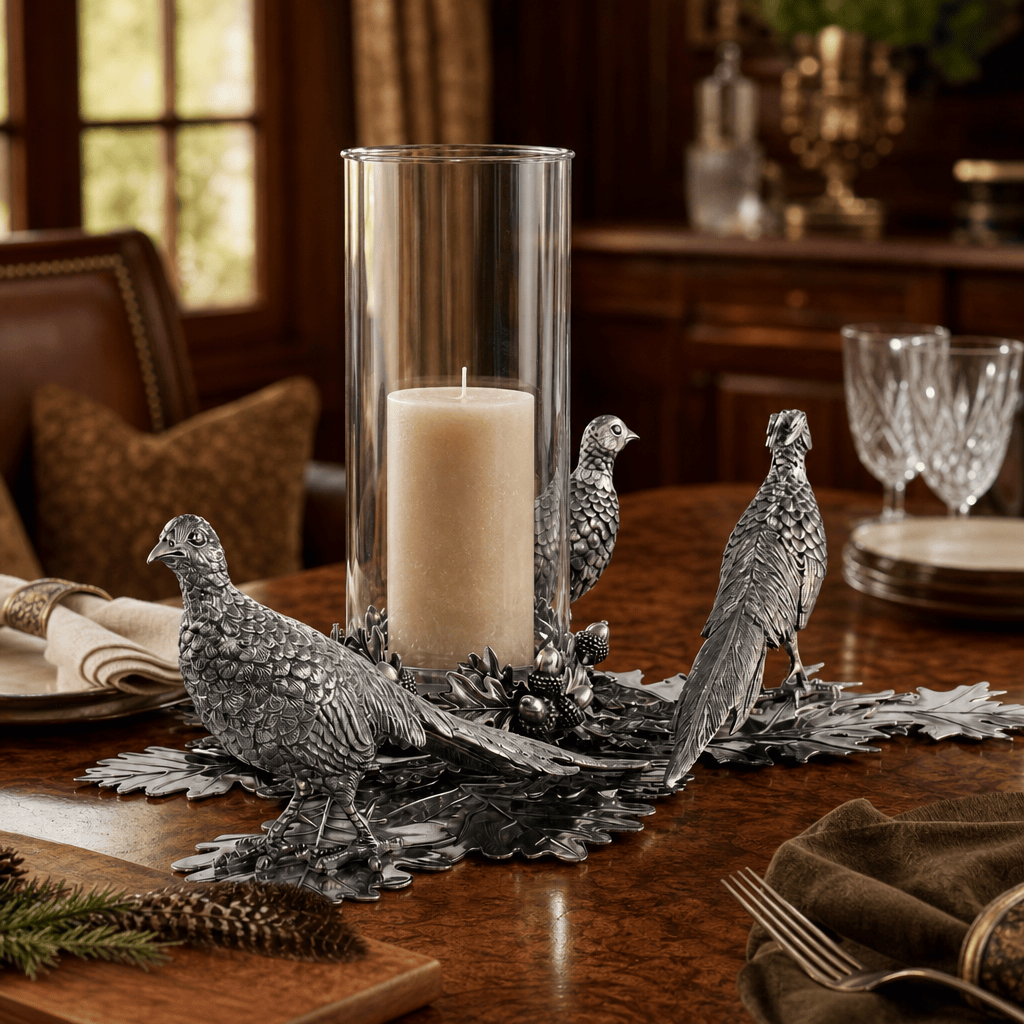 Pewter Pheasants Pillar Hurricane Centerpiece