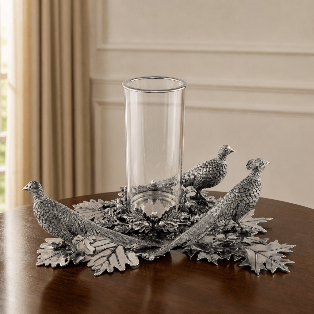 Pewter Pheasants Pillar Hurricane Centerpiece