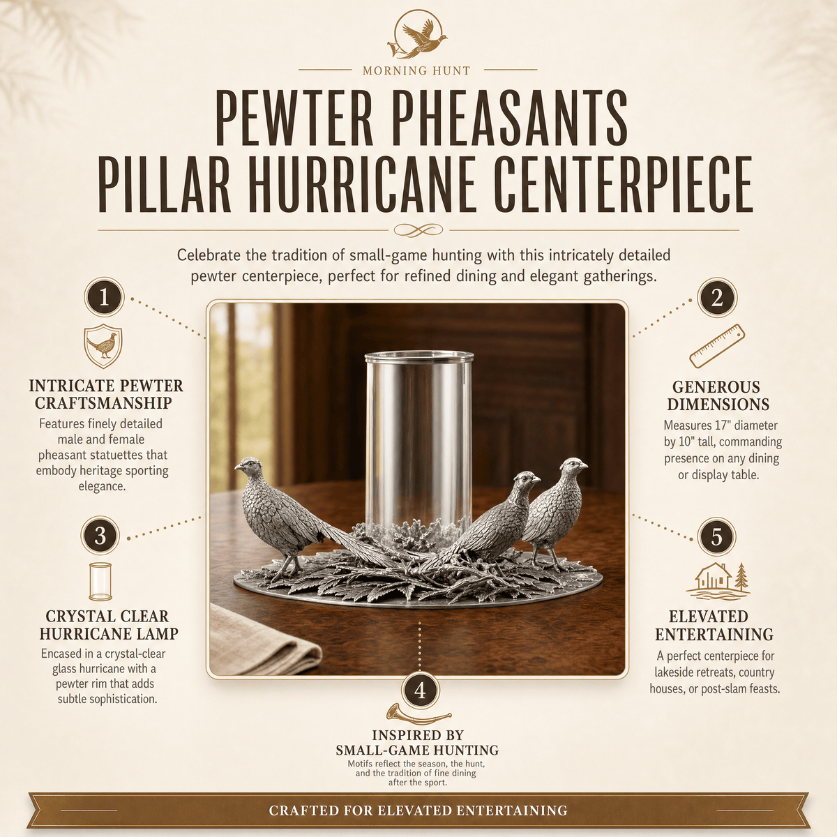 Pewter Pheasants Pillar Hurricane Centerpiece