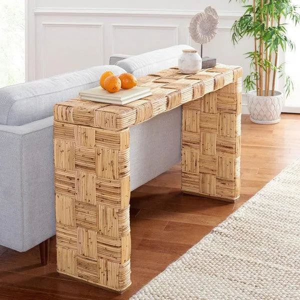 Safavieh Adkin Rattan Console Table in Honey Natural with Woven Crosshatch Pattern