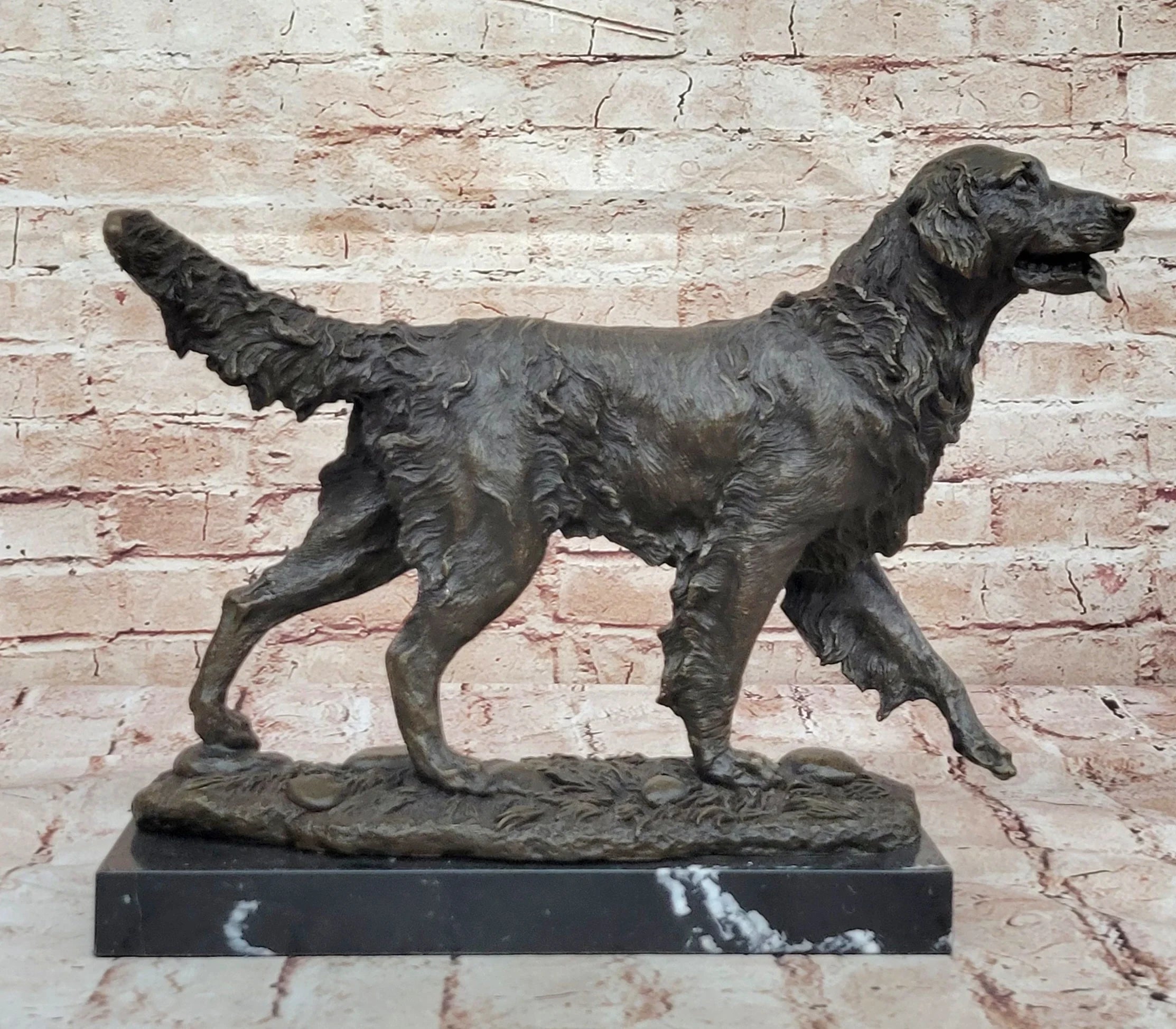 Golden Retriever Dog Bronze Statue Sculpture Figure on Marble Base Signed Art
