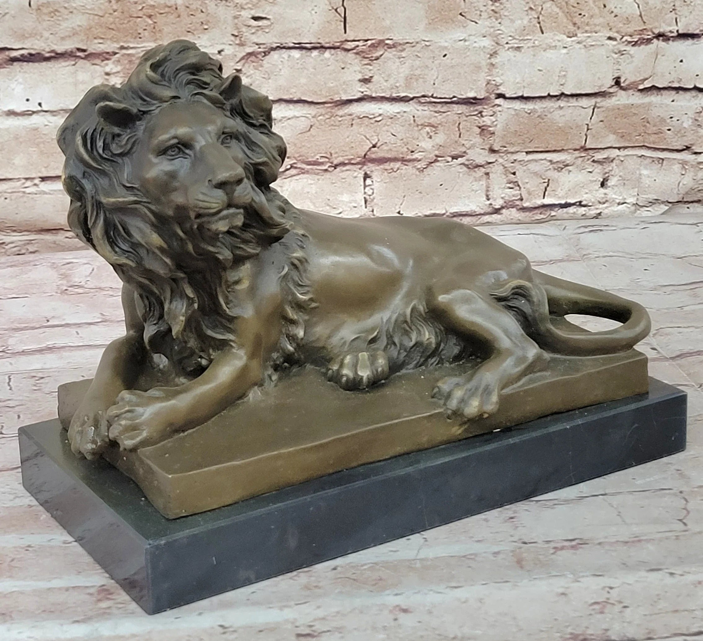 Signed Barye African Male Lion King of Jungle Resting Bronze Sculpture Art Deco