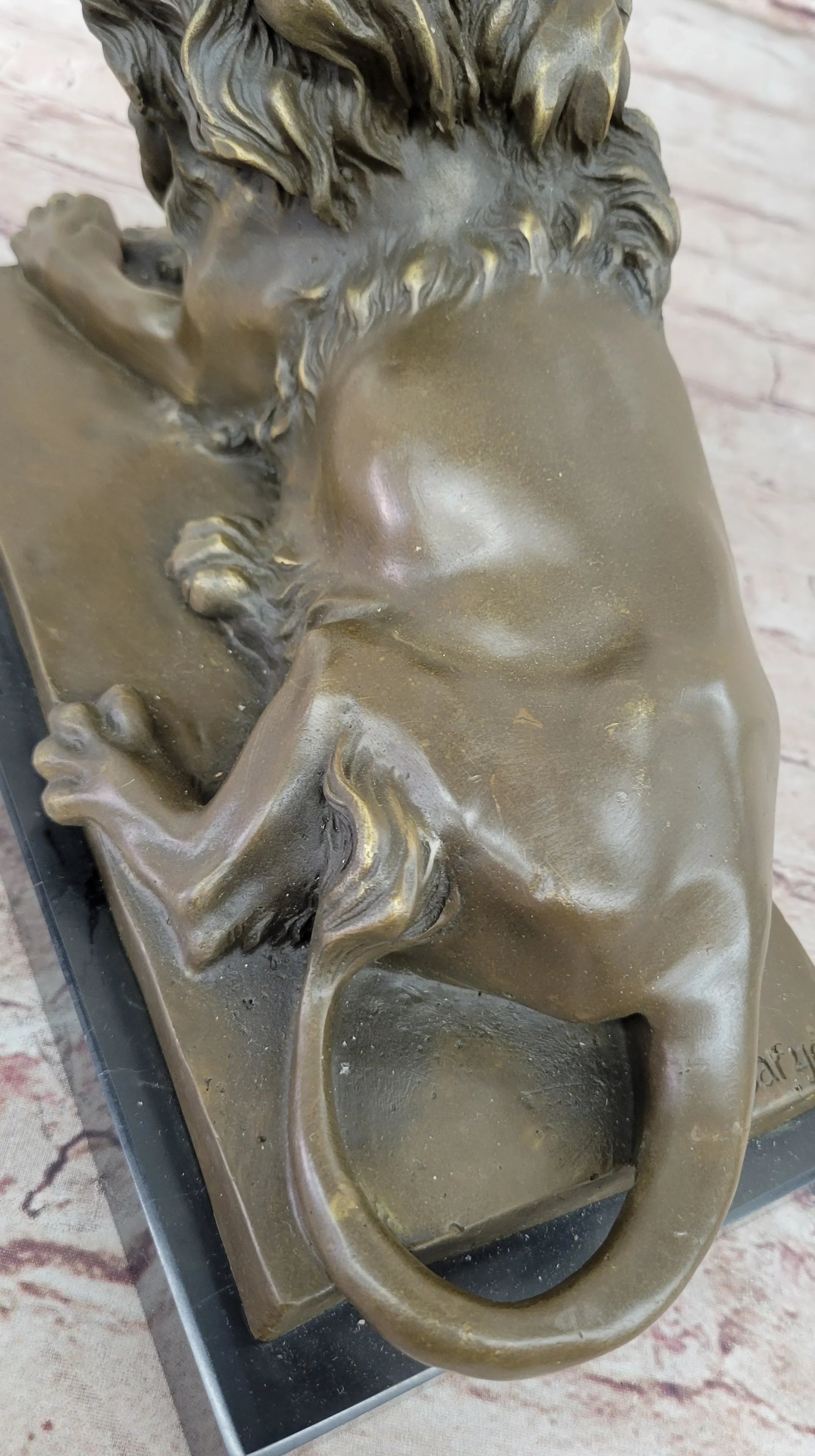 Signed Barye African Male Lion King of Jungle Resting Bronze Sculpture Art Deco