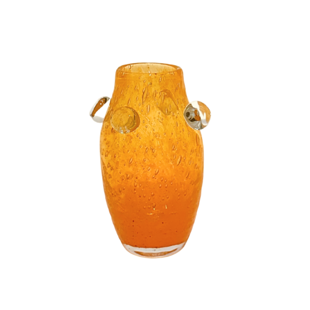 Orange glass vase with textured surface and decorative handles on a white background