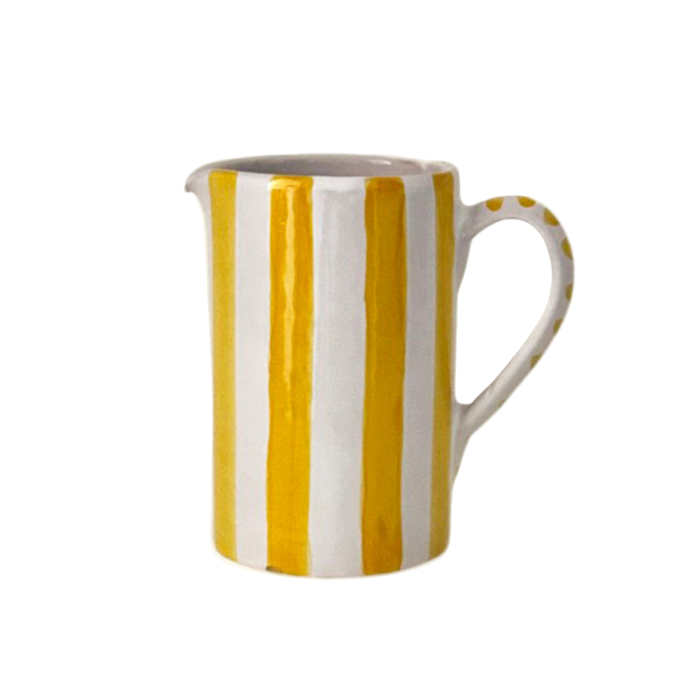 Yellow and white striped ceramic pitcher on a white background