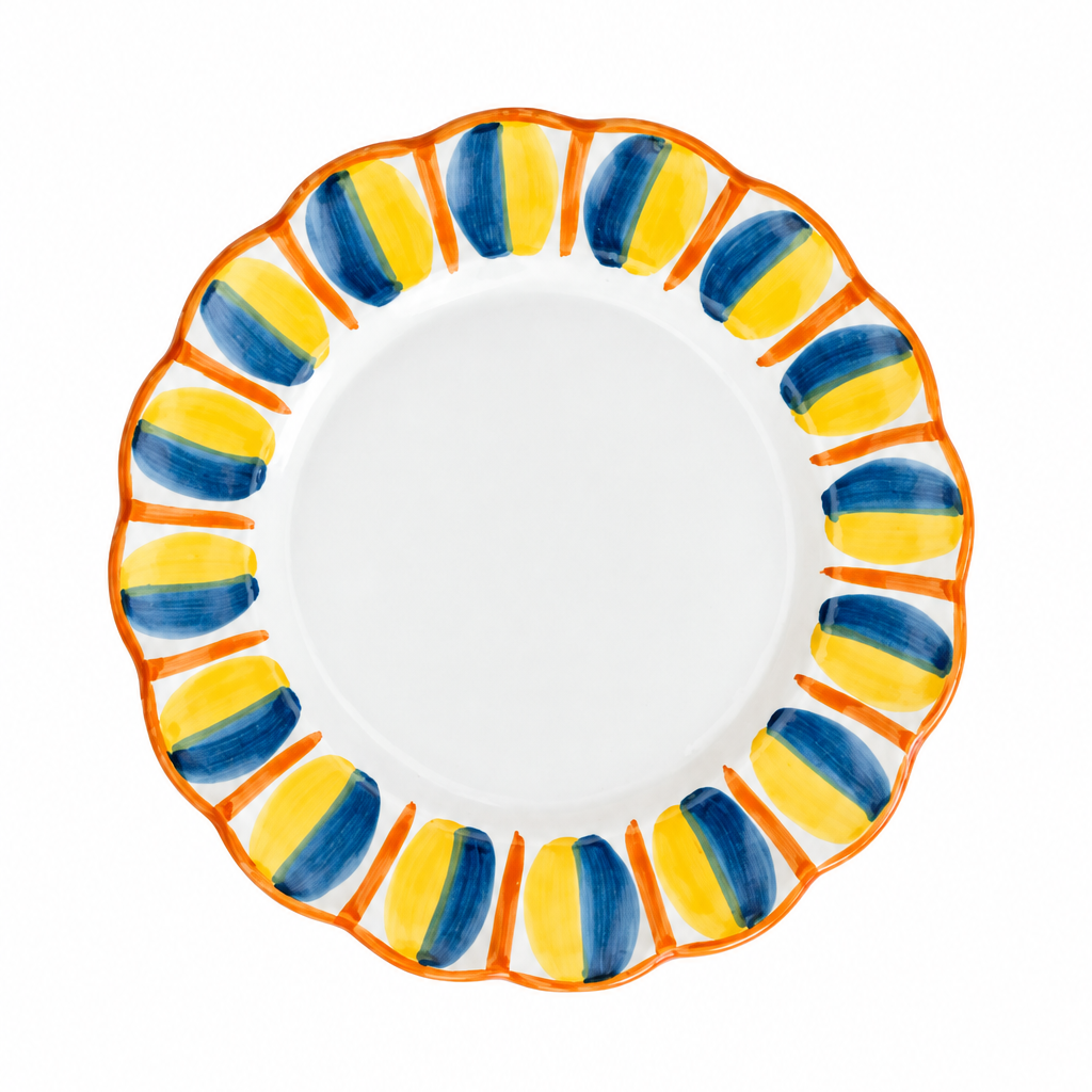 Italian Scallop Hand-Painted Ceramic Dinner Plate in Blue / Marigold by Cecilia Treasures
