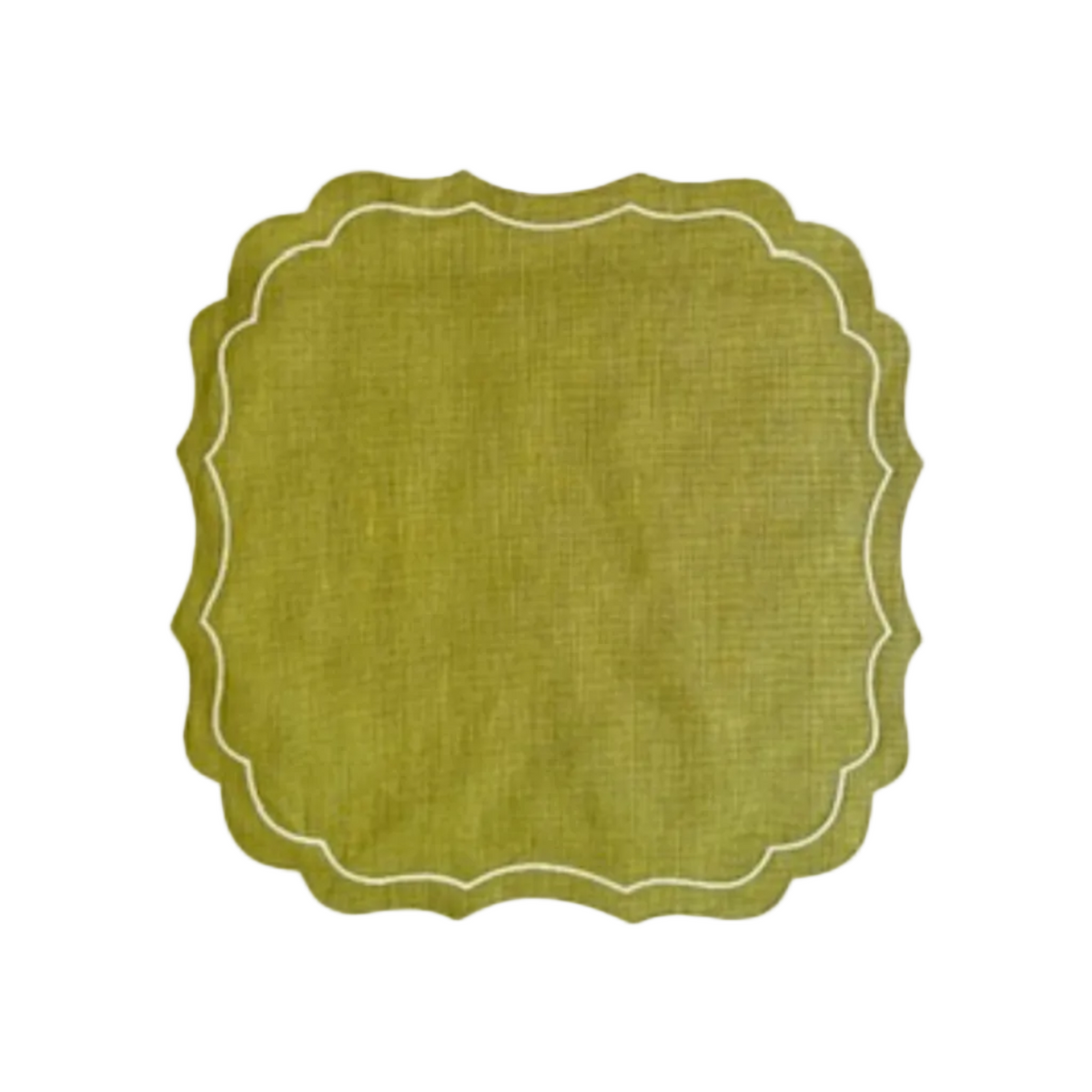 Scalloped Coated Linen Placemats in Olive / Ivory by La Gallina Matta — Set of 4