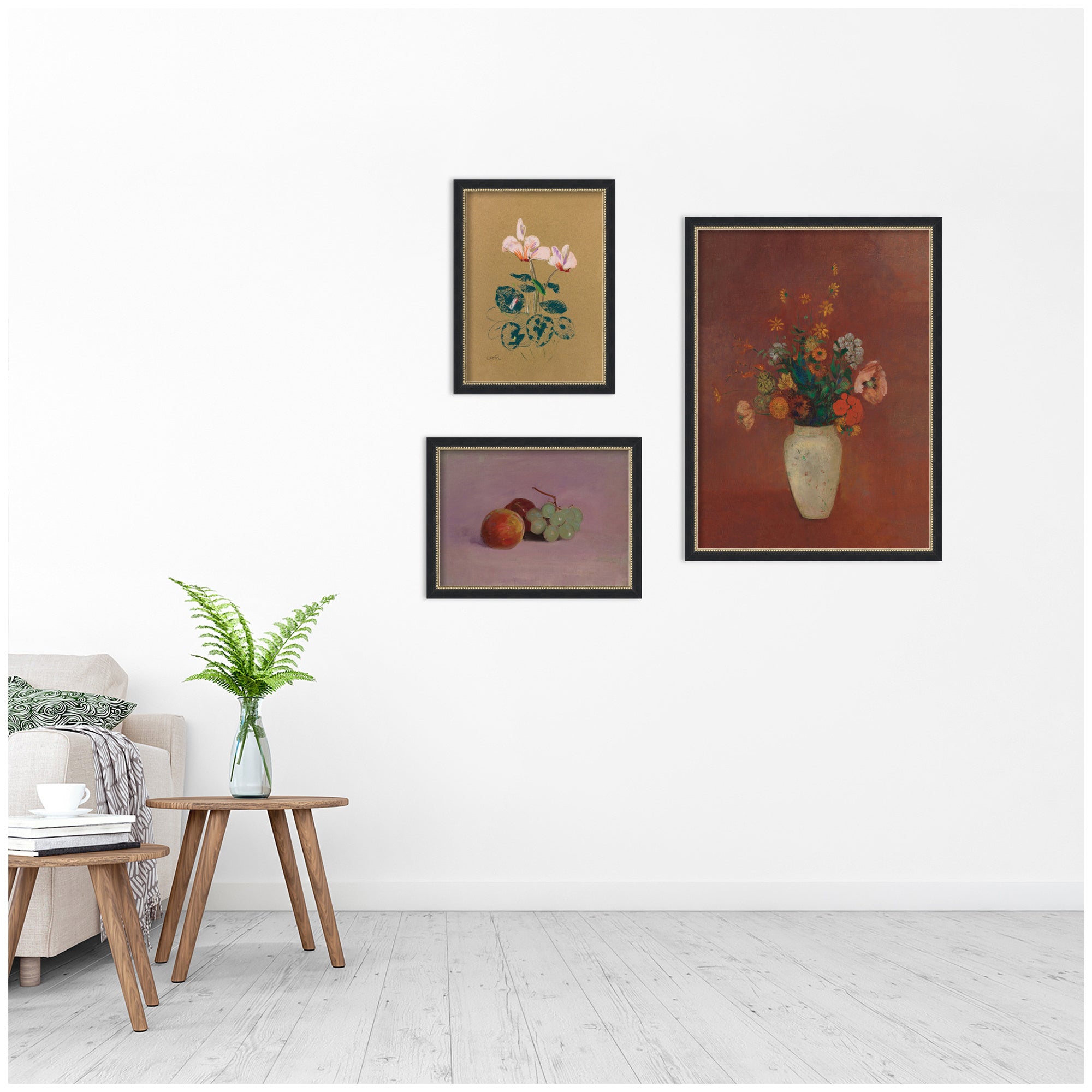Cyclamen, Still Life with Fruit, & Bouquet in a Chinese Vase Odion Redo 3 Piece Framed Wall Art Print Set by Nostalgia Prints