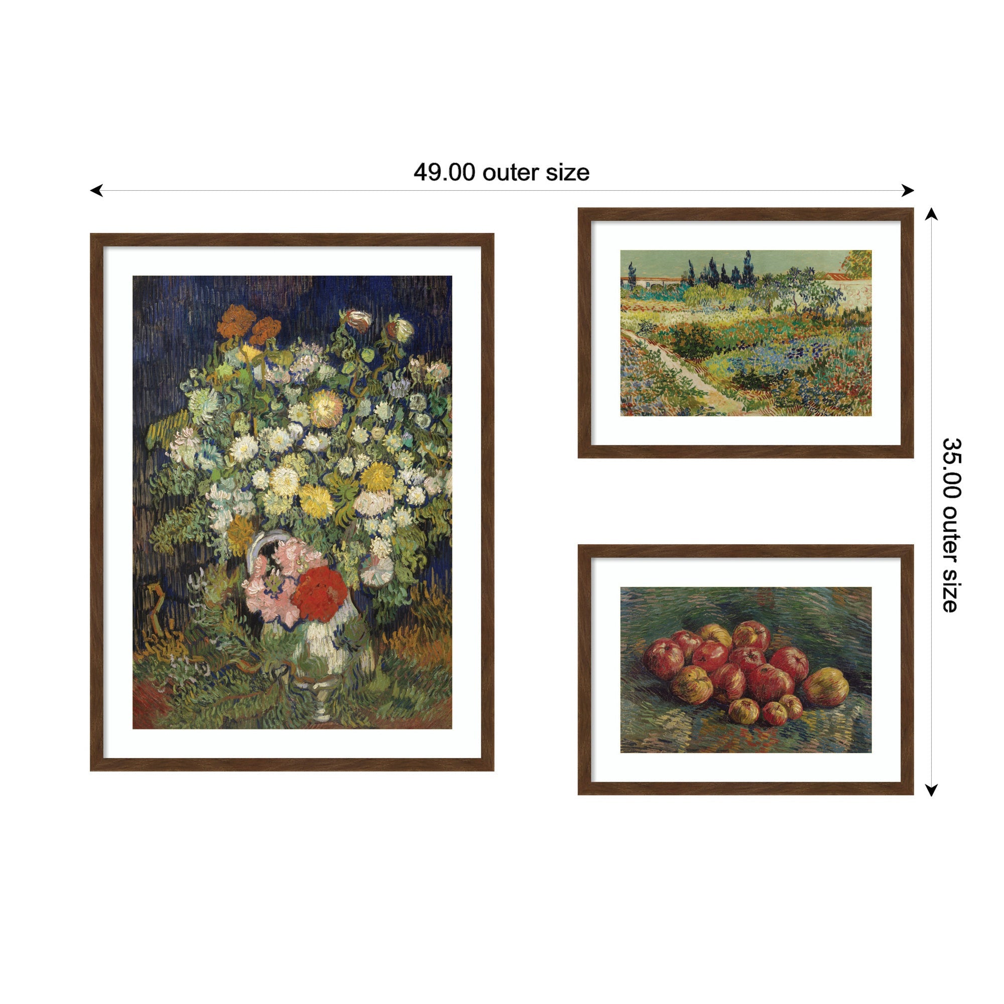 Apples 1887, Bouquet of Flowers in a Vase 1890, & Garden at Arles by Vincent Van Gogh 3 Piece Framed Wall Art Print Set by Nostalgia Prints