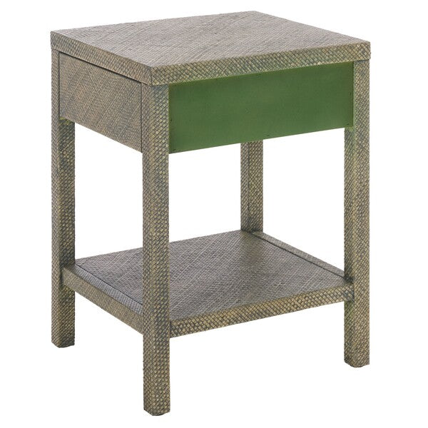 Apis Raffia Accent Table in Turquoise with Storage Drawer and Shelf