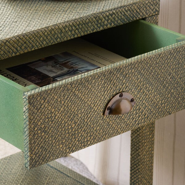 Apis Raffia Accent Table in Turquoise with Storage Drawer and Shelf