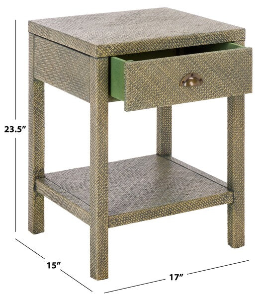 Apis Raffia Accent Table in Turquoise with Storage Drawer and Shelf