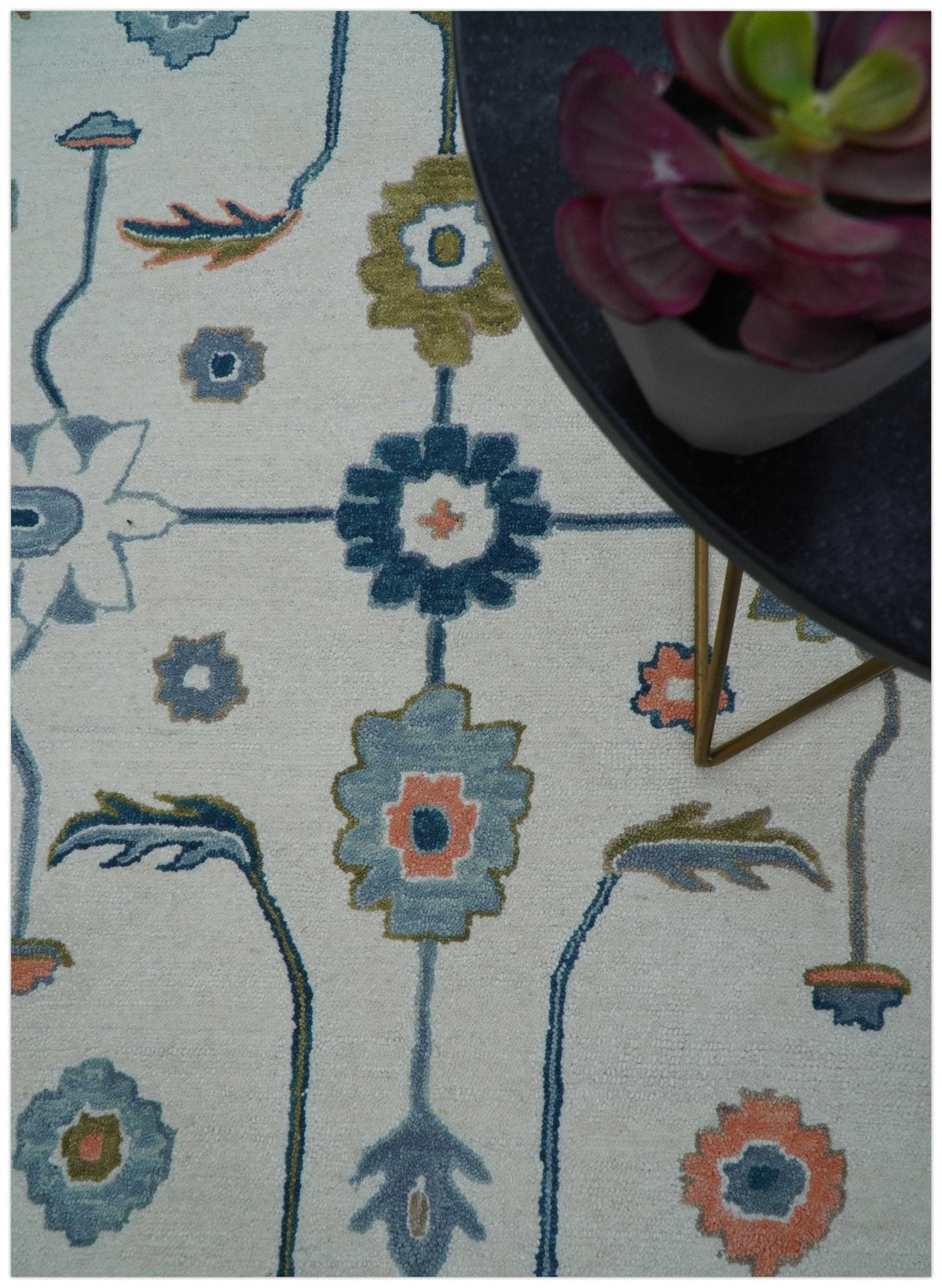 Allure Custom Made Ivory And Blue Traditional Oushak Hand Tufted Wool Rug