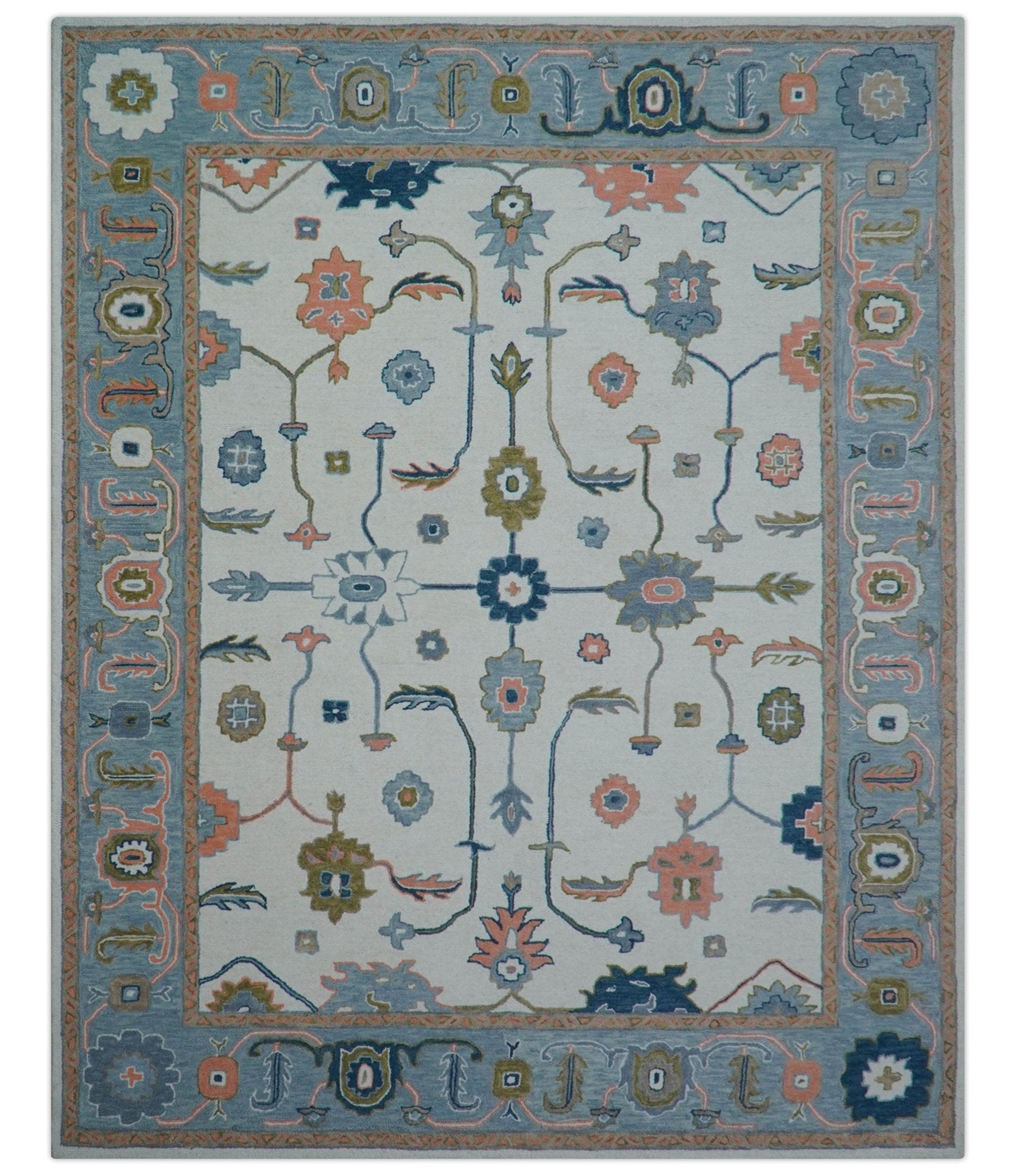 Allure Custom Made Ivory And Blue Traditional Oushak Hand Tufted Wool Rug