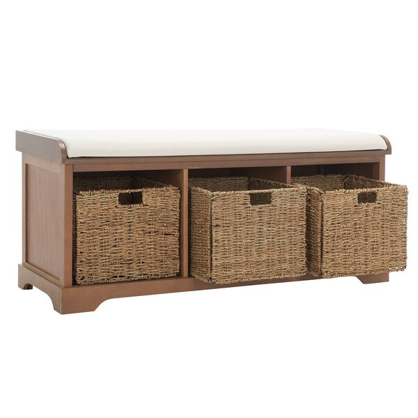 Lonan Wicker Storage Bench in Grey Wash with White Cotton Cushion