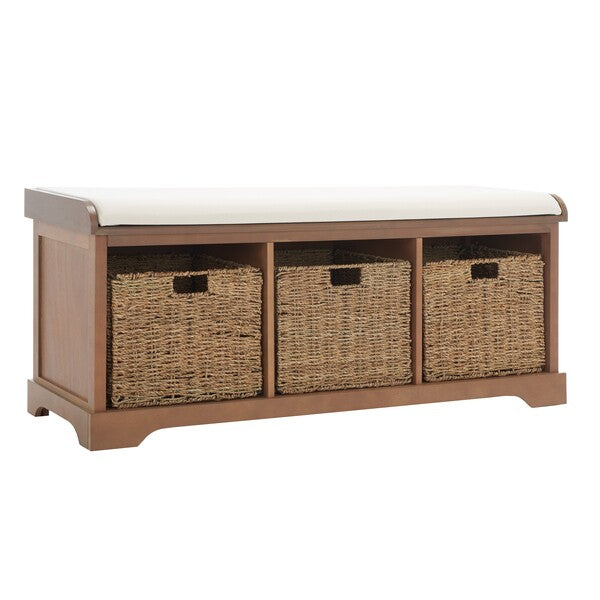 Lonan Wicker Storage Bench in Grey Wash with White Cotton Cushion