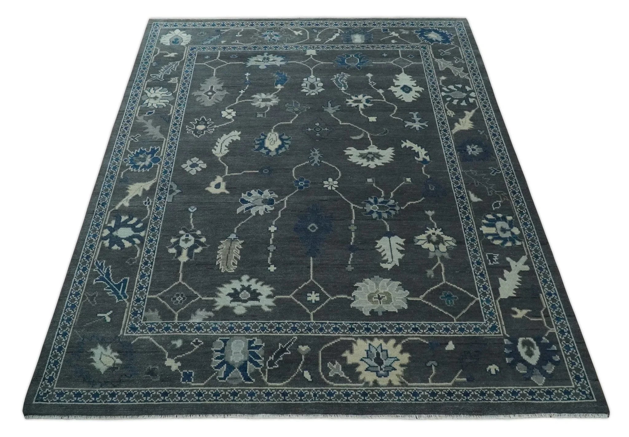 Antique Hand Knotted Oushak Charcoal and Blue Traditional Area Rug - The Mayfair Hall